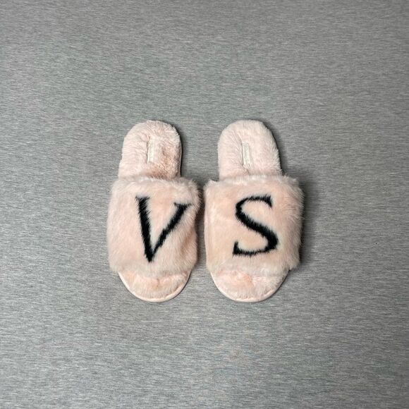 Victoria’s Secret VS Logo Faux Fur Plush Open Toe House Slipper Slides - Picture 1 of 7